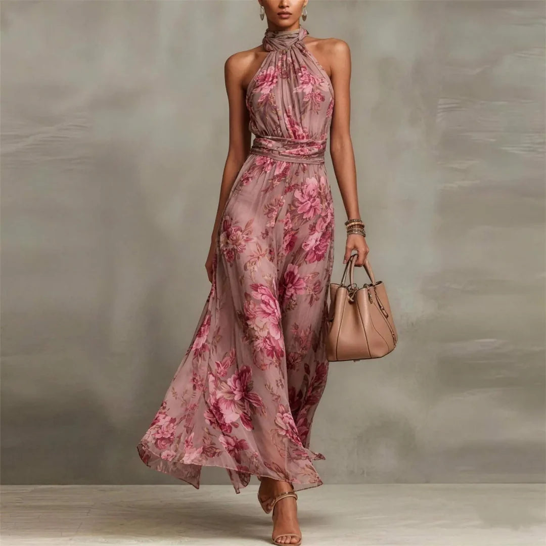 Floral halter neck wedding guest maxi dress, open shoulder lifestyle shot