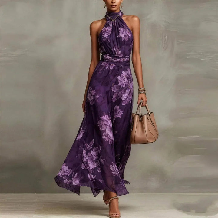 Floral halter neck wedding guest maxi dress, styled garden party occasion