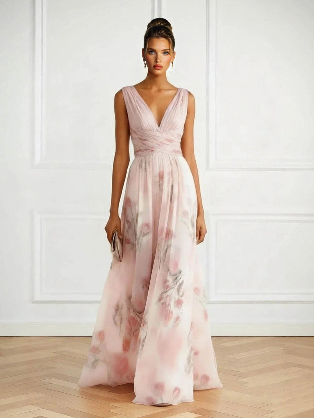 V-neck floral print tulle maxi dress in pink, front view