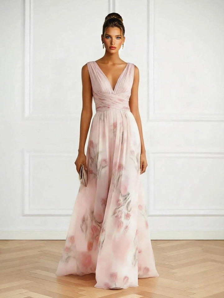V-neck floral print tulle maxi dress in pink, front view