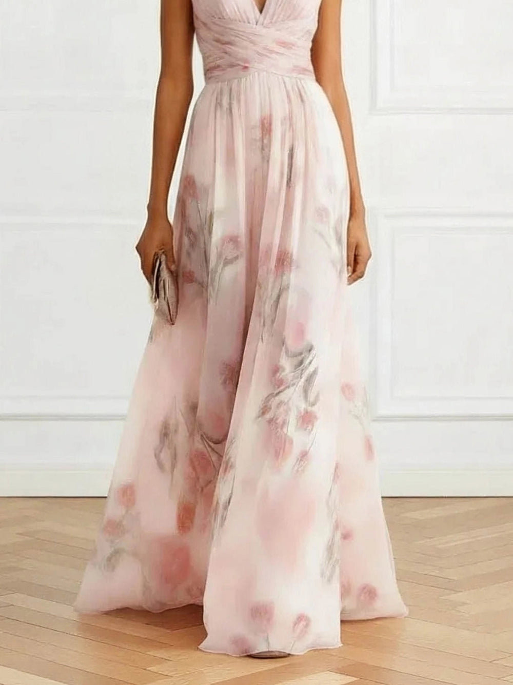 V-neck floral print tulle maxi dress in pink, back view