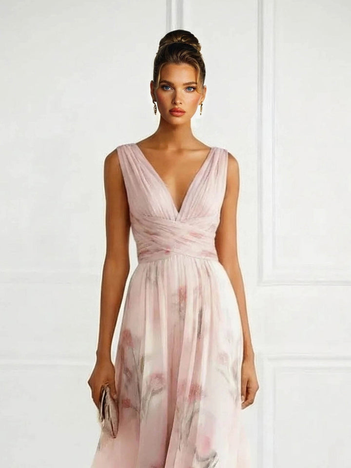 V-neck floral print tulle maxi dress, tulle skirt layer detail