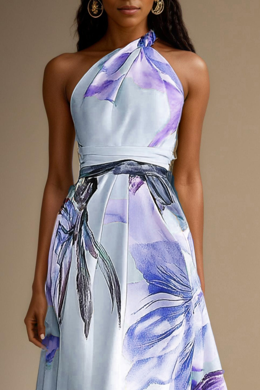 One-shoulder floral satin maxi dress in lavender, belted waist view