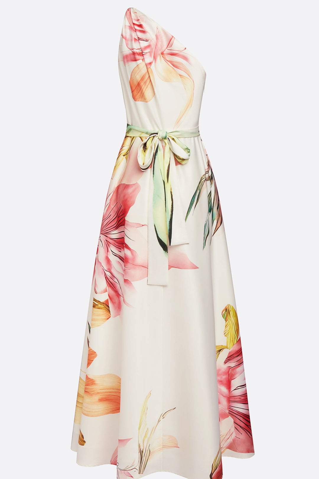 Flowing floral satin wedding guest maxi dress full length view
