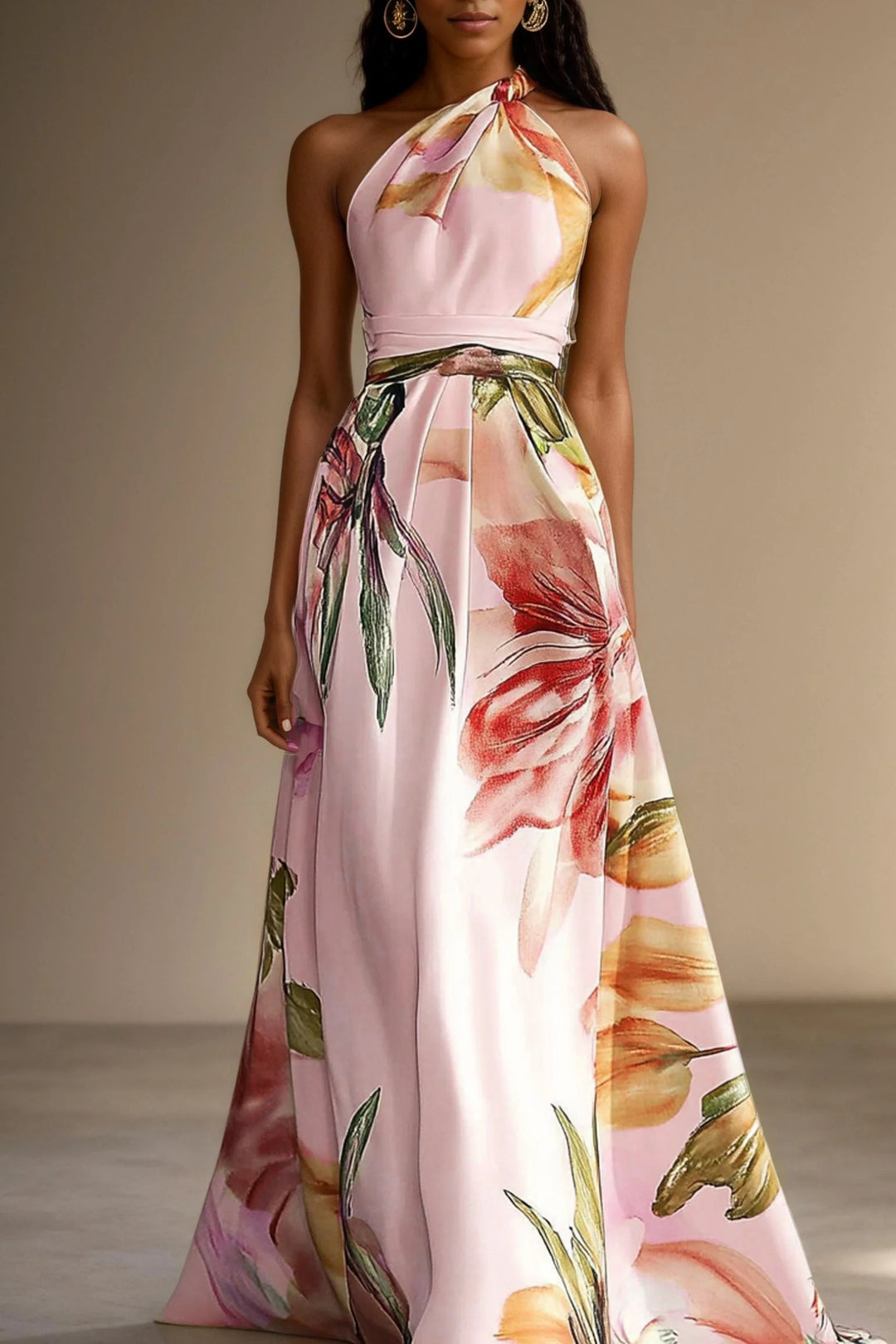 Floral one-shoulder satin maxi dress full length occasion view
