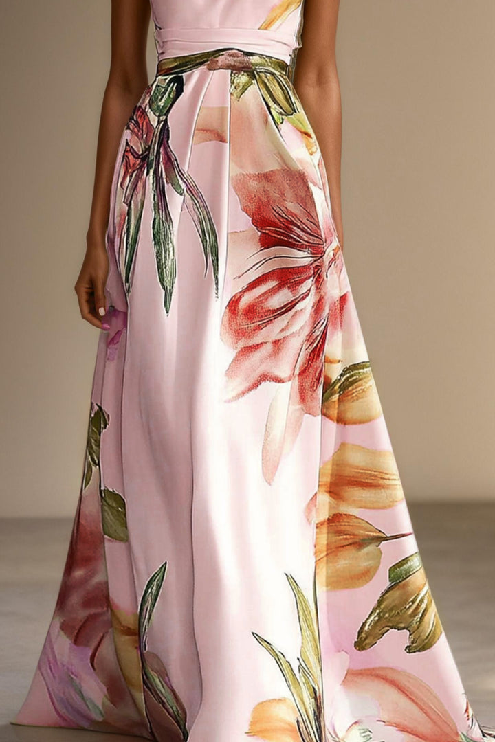 Floral satin one-shoulder maxi dress showing print detail