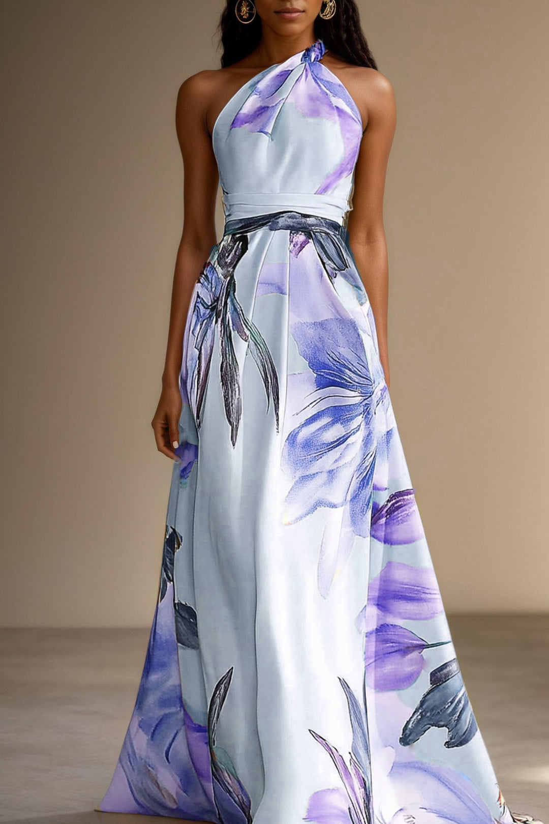 Floral satin one-shoulder wedding guest maxi dress in lavender, front view