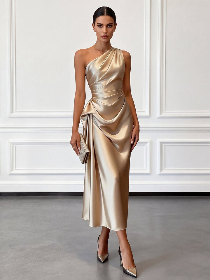 Satin one-shoulder ruched midi dress, front view