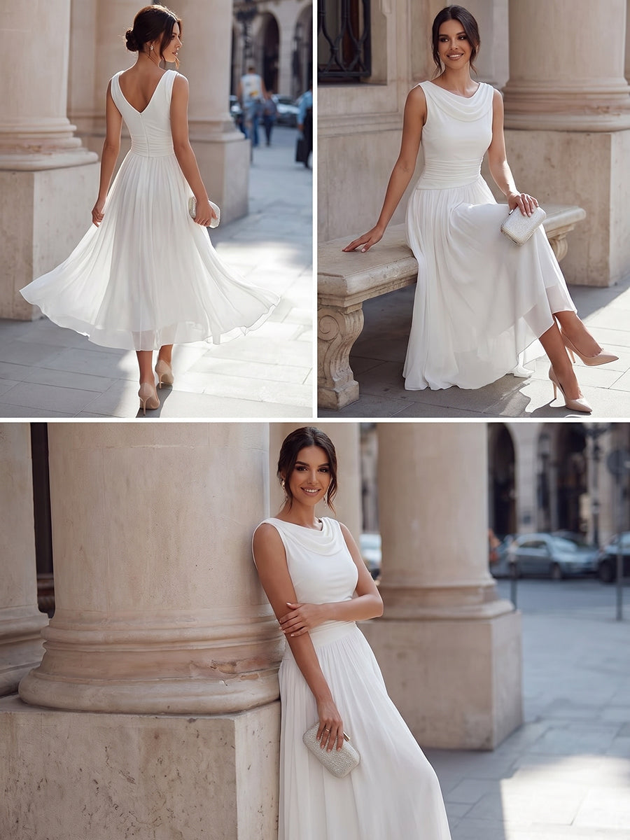 Draped neck occasion midi dress, back view