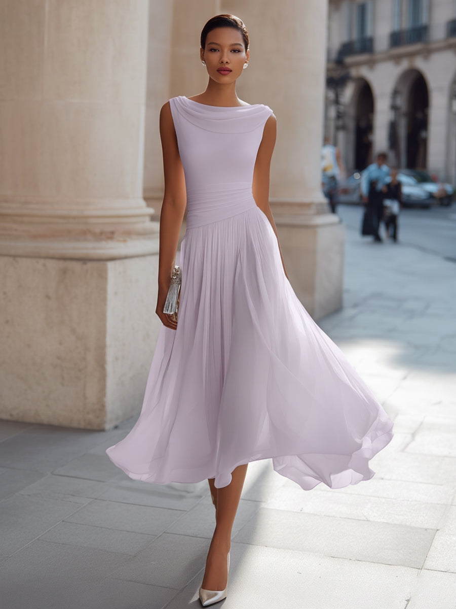 Draped neck sleeveless pleated midi dress in multiple colours