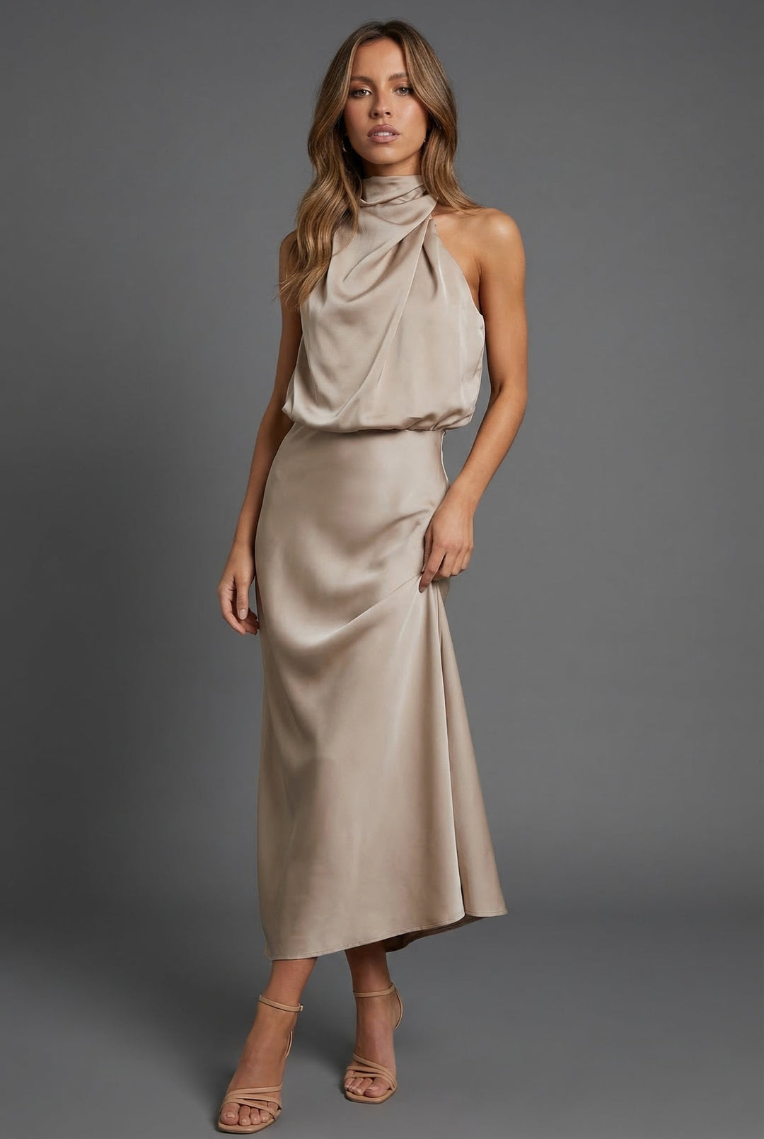 Halterneck satin style wedding guest midi dress, front view