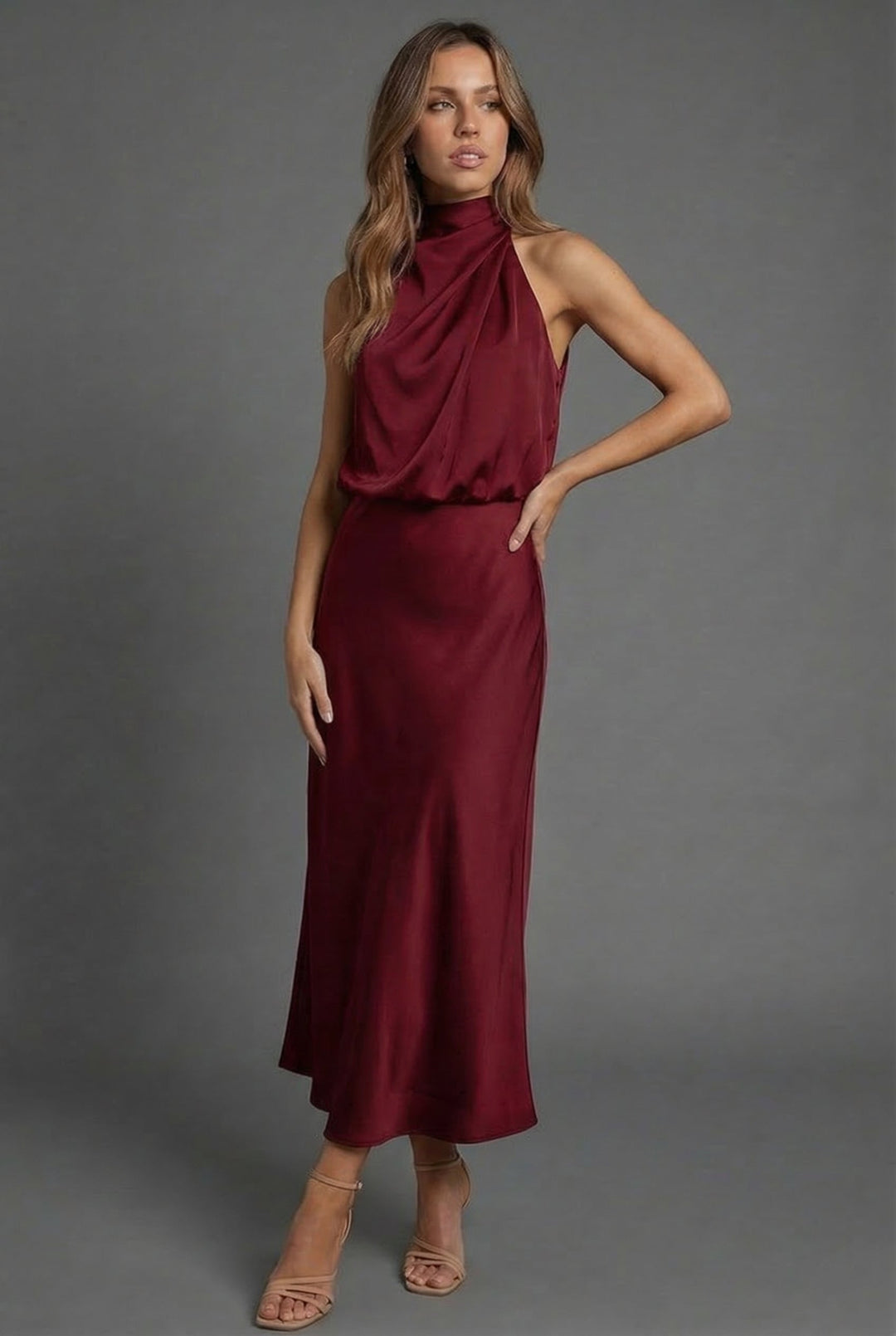 Halterneck satin style wedding guest midi dress in Red, front view