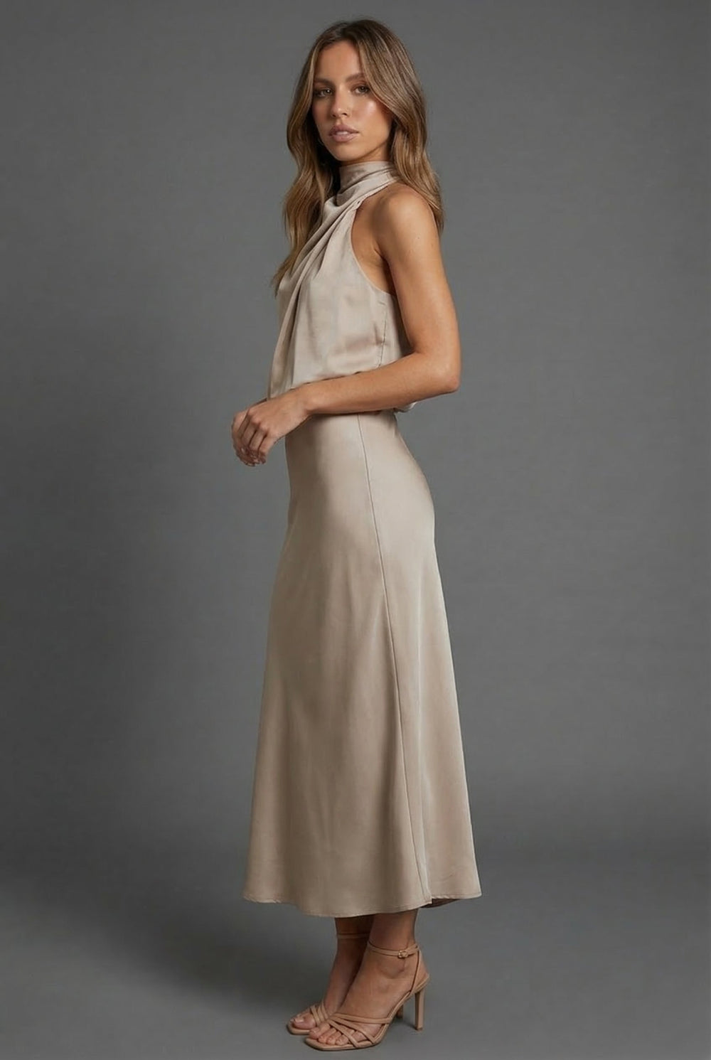 Halterneck satin style wedding guest midi dress, open back detail