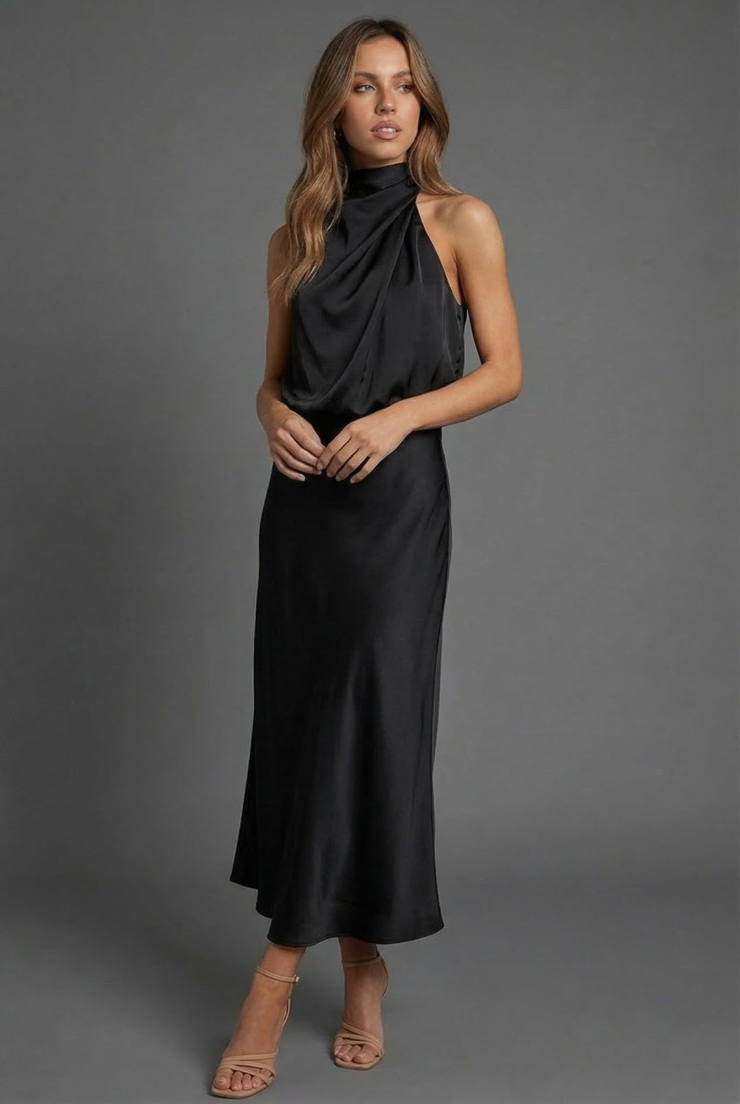Halterneck satin style wedding guest midi dress, full length view