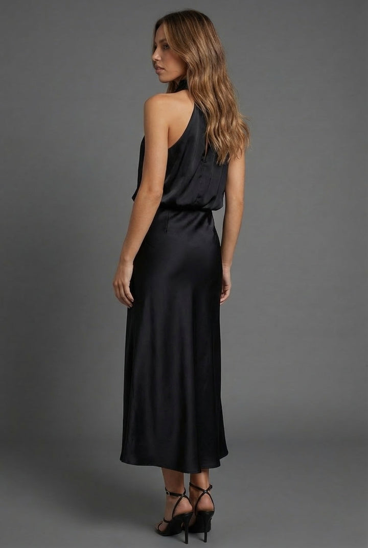 Halterneck satin style wedding guest midi dress, three-quarter view