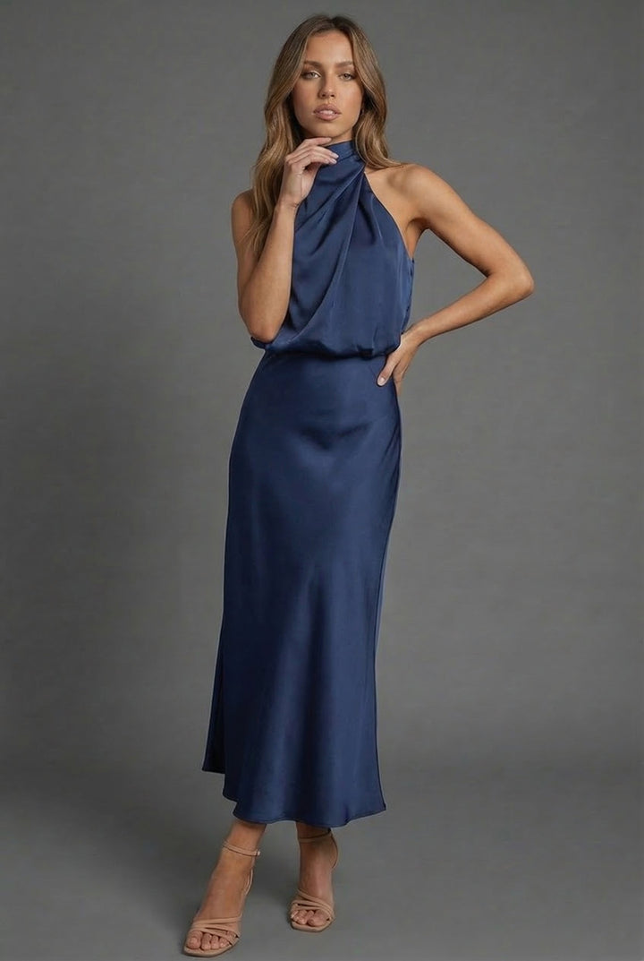 Halterneck satin style wedding guest midi dress in Navy Blue, back view