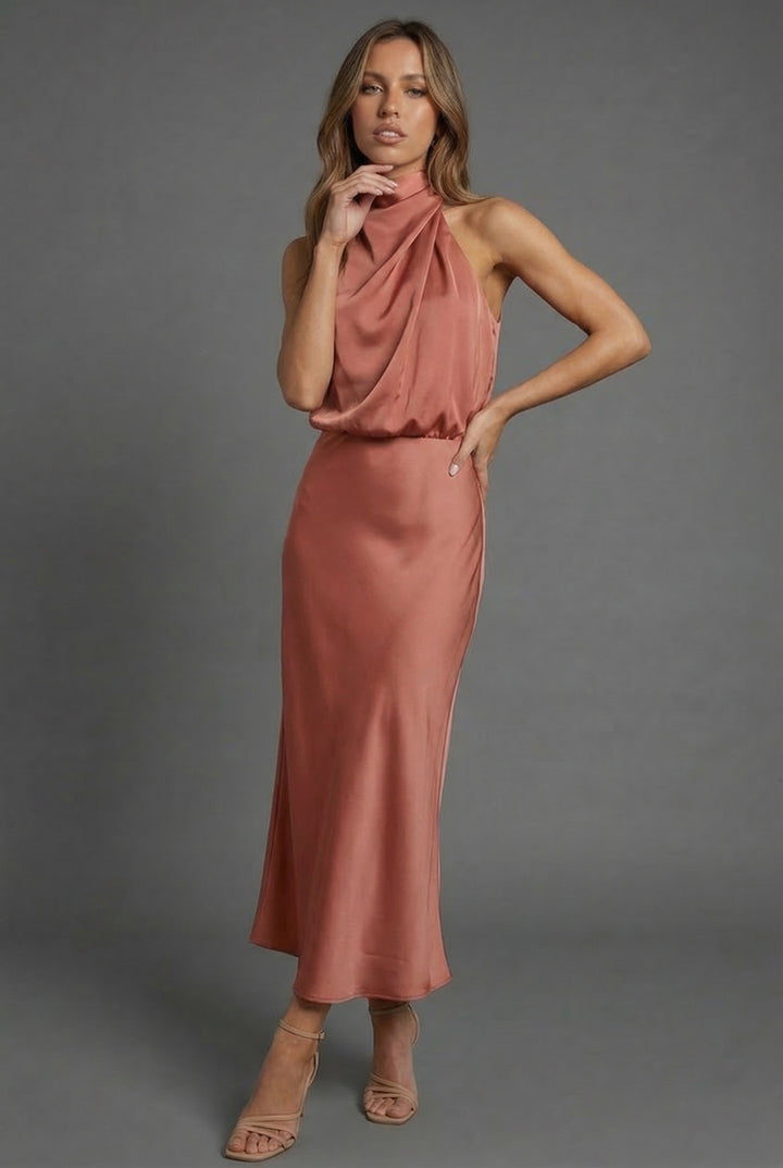 Halterneck satin style wedding guest midi dress, fabric detail