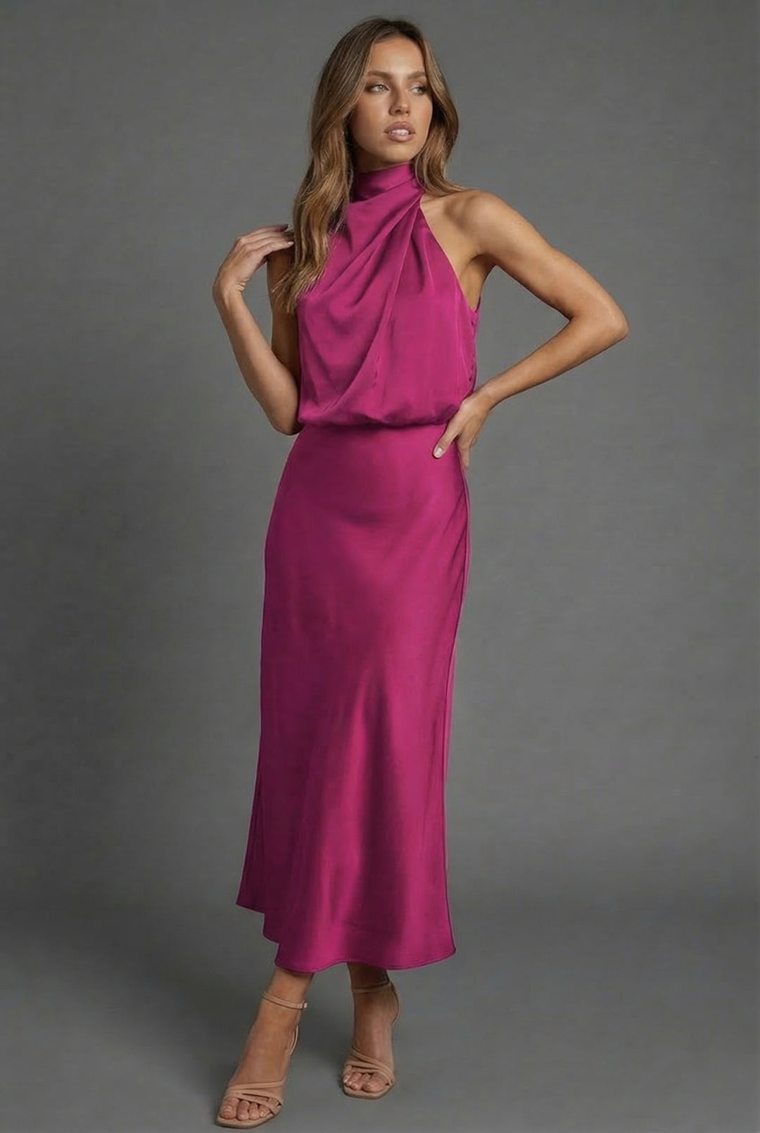 Halterneck satin style wedding guest midi dress, neckline detail