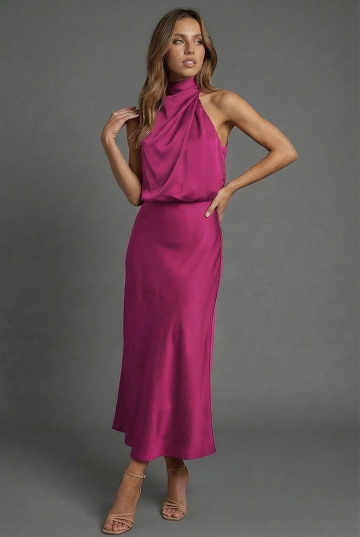Halterneck satin style wedding guest midi dress, neckline detail