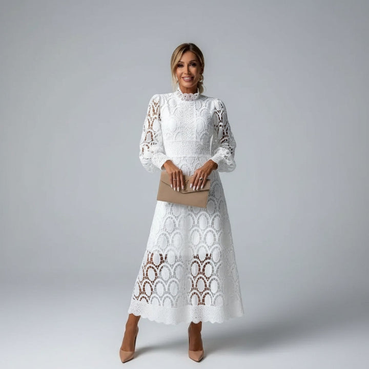Long sleeve high neck lace wedding guest midi dress in White, front view