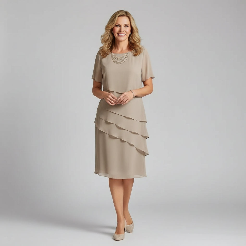 Short sleeve tiered chiffon midi dress in Beige, front view