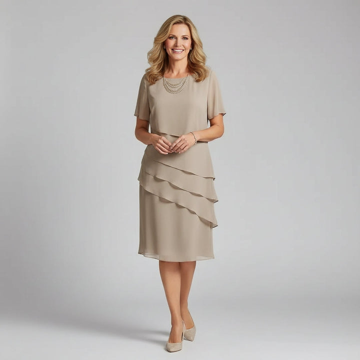 Short sleeve tiered chiffon midi dress in Beige, front view