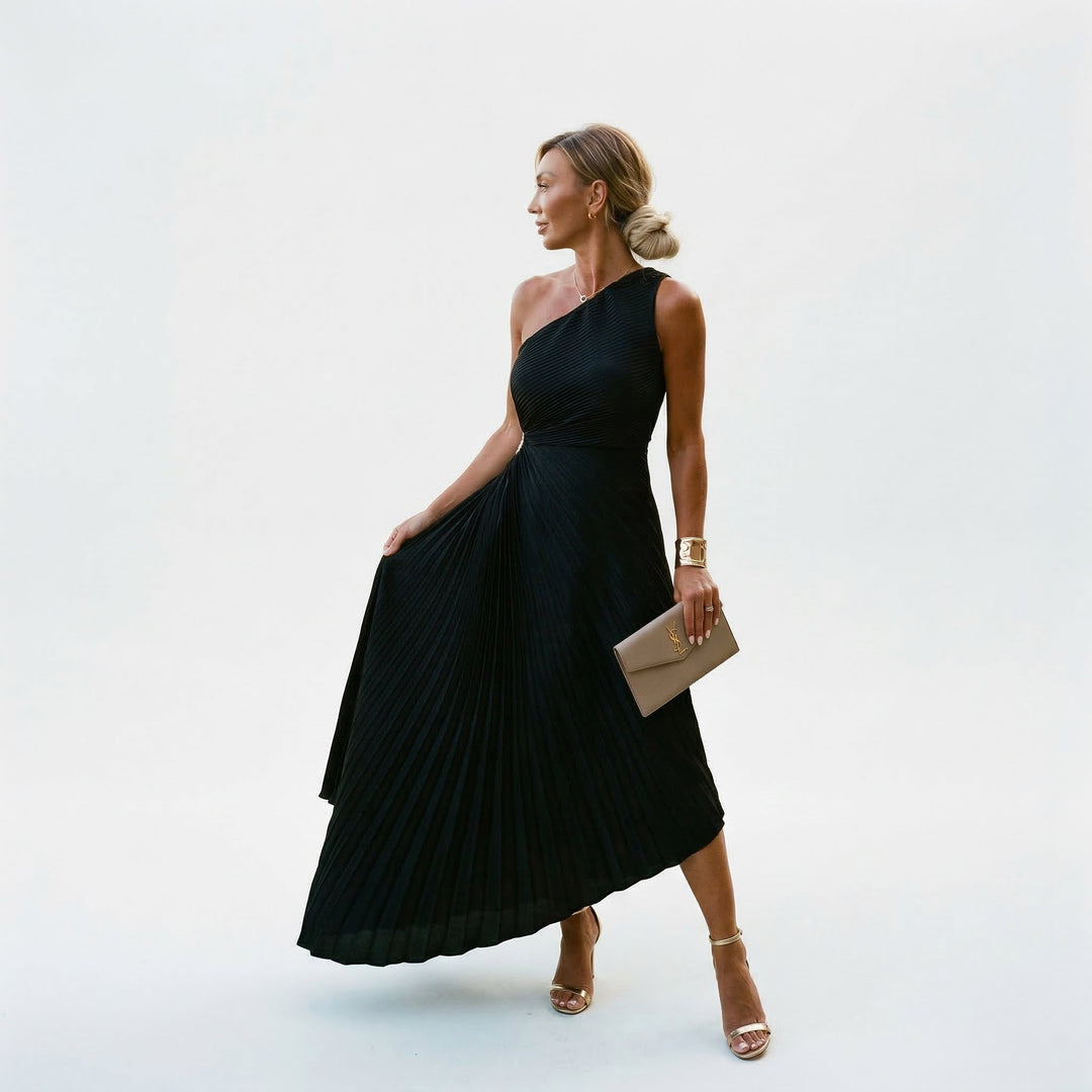 One-shoulder wedding guest dress full length view