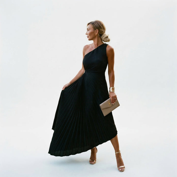 One-shoulder wedding guest dress full length view